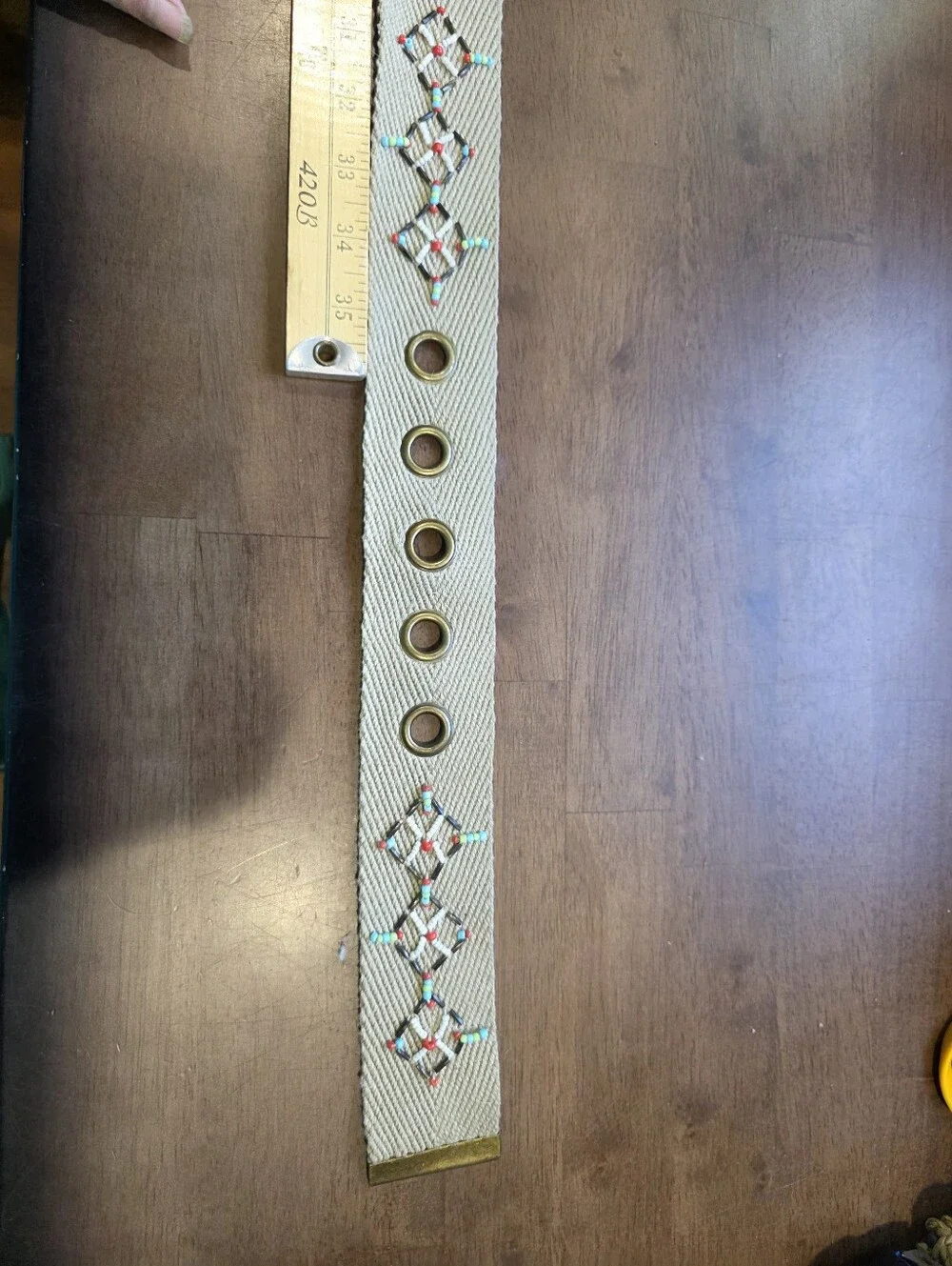 Embroidered Ivory Woven Belt with Brass Hardware Size 13